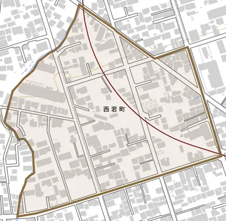 西若町とその周辺の地図。町の範囲を重ねている