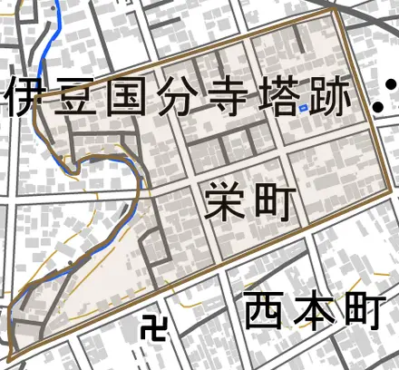 栄町とその周辺の地図。町の範囲を重ねている