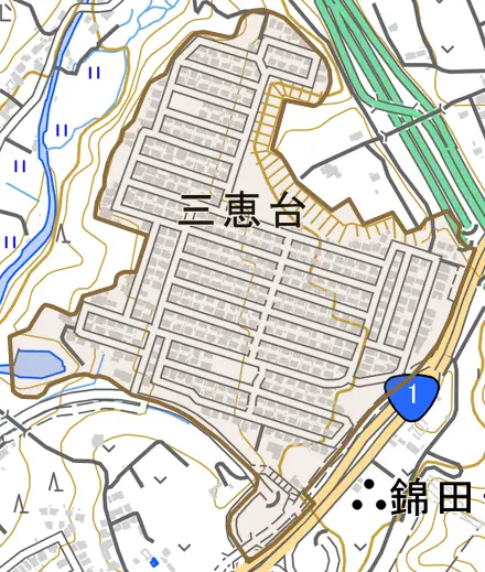 三恵台とその周辺の地図。町の範囲を重ねている