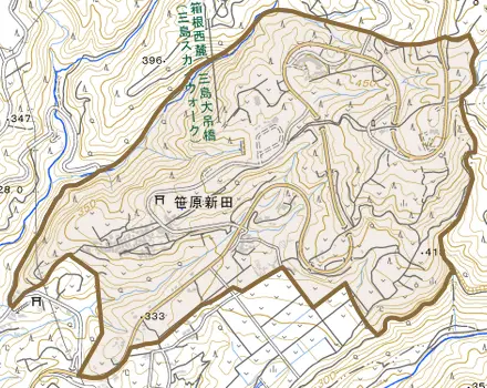 笹原新田とその周辺の地図。町の範囲を重ねている