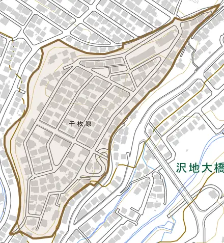 千枚原とその周辺の地図。町の範囲を重ねている