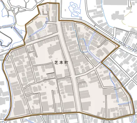 芝本町とその周辺の地図。町の範囲を重ねている