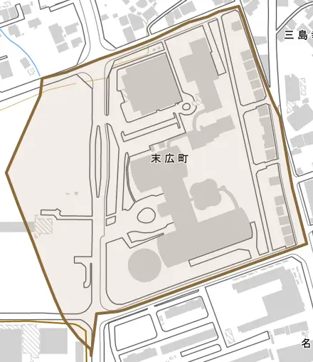 末広町とその周辺の地図。町の範囲を重ねている