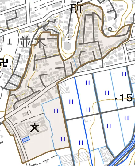 谷田（並木）とその周辺の地図。町の範囲を重ねている