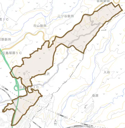 谷田（台崎）とその周辺の地図。町の範囲を重ねている