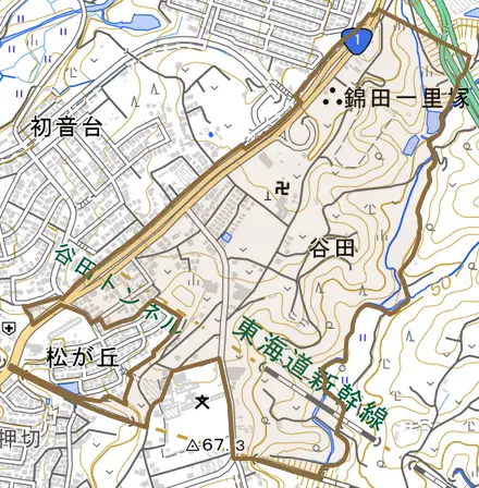 谷田（塚の台）とその周辺の地図。町の範囲を重ねている