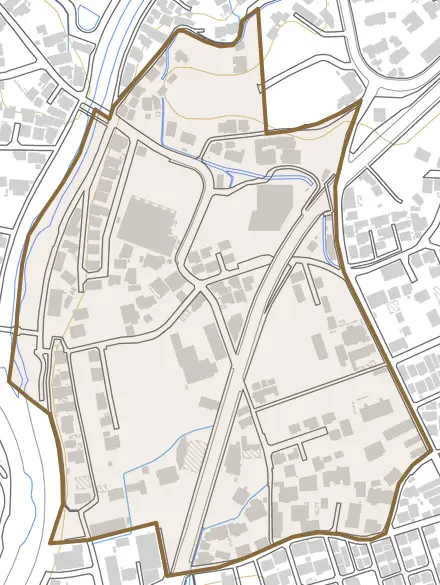 谷田（小山）とその周辺の地図。町の範囲を重ねている