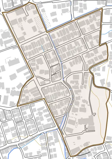 谷田（小山中島）とその周辺の地図。町の範囲を重ねている