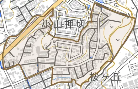 谷田(小山押切)とその周辺の地図。町の範囲を重ねている