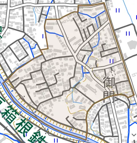谷田(御門)とその周辺の地図。町の範囲を重ねている