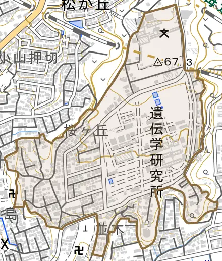 谷田(桜ケ丘)とその周辺の地図。町の範囲を重ねている