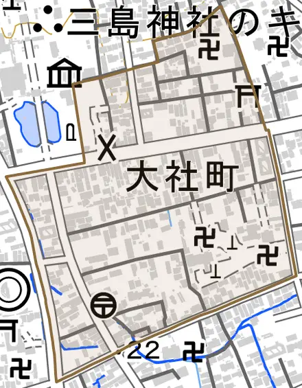 大社町とその周辺の地図。町の範囲を重ねている