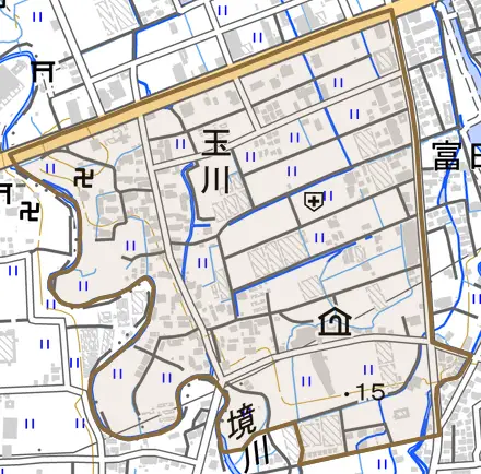 玉川とその周辺の地図。町の範囲を重ねている