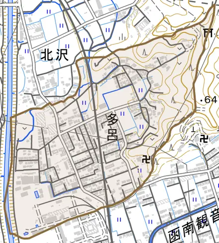 多呂とその周辺の地図。町の範囲を重ねている