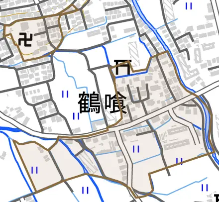 鶴喰とその周辺の地図。町の範囲を重ねている