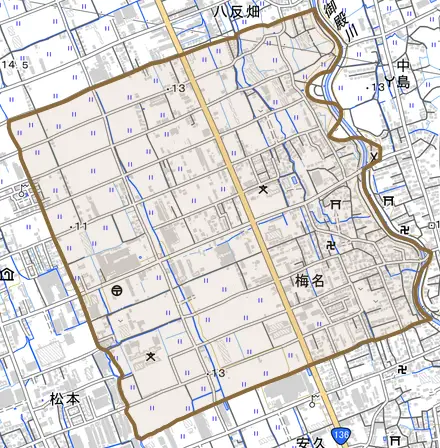 梅名とその周辺の地図。町の範囲を重ねている