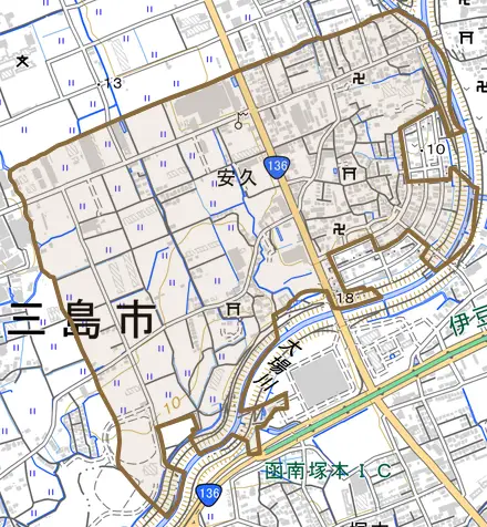 安久とその周辺の地図。町の範囲を重ねている