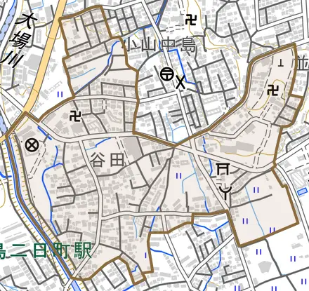 谷田とその周辺の地図。町の範囲を重ねている