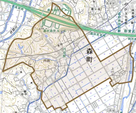 円田とその周辺の地図。町の範囲を重ねている