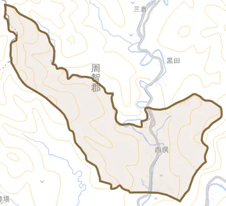 西俣とその周辺の地図。町の範囲を重ねている