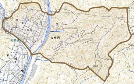 大鳥居とその周辺の地図。町の範囲を重ねている