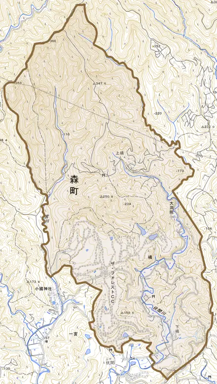 橘とその周辺の地図。町の範囲を重ねている