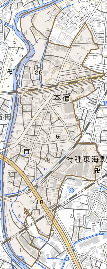 本宿とその周辺の地図。町の範囲を重ねている