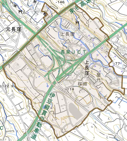 上長窪とその周辺の地図。町の範囲を重ねている