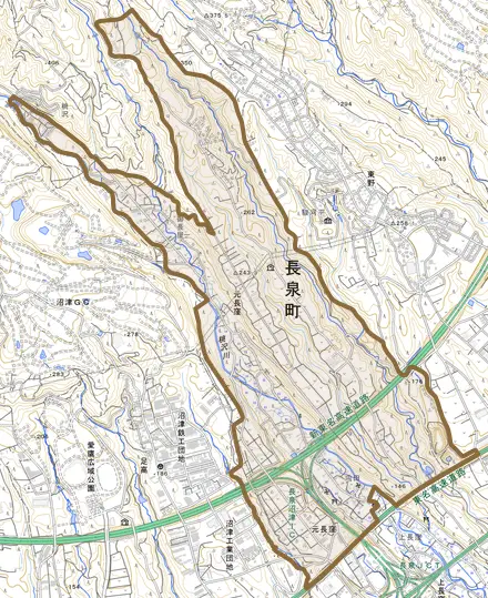 元長窪とその周辺の地図。町の範囲を重ねている