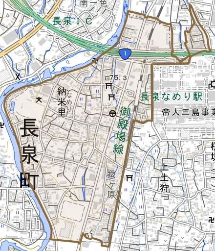 納米里とその周辺の地図。町の範囲を重ねている
