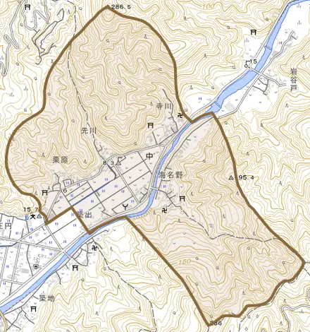 中とその周辺の地図。町の範囲を重ねている