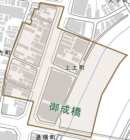上土町とその周辺の地図。町の範囲を重ねている