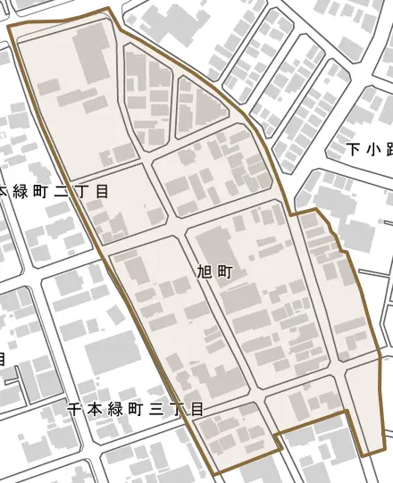 旭町とその周辺の地図。町の範囲を重ねている