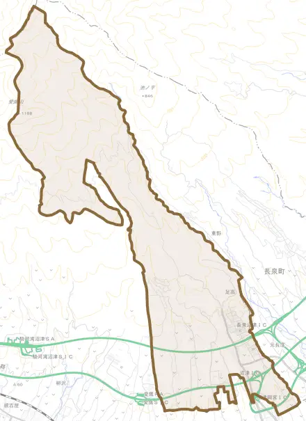 足高とその周辺の地図。町の範囲を重ねている