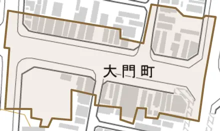 大門町とその周辺の地図。町の範囲を重ねている