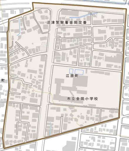 江原町とその周辺の地図。町の範囲を重ねている
