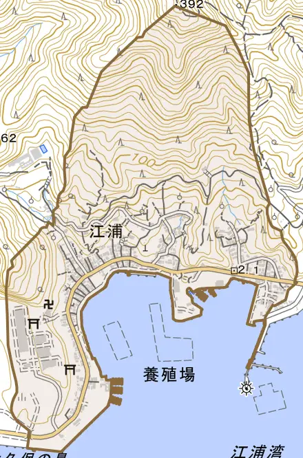 江浦とその周辺の地図。町の範囲を重ねている