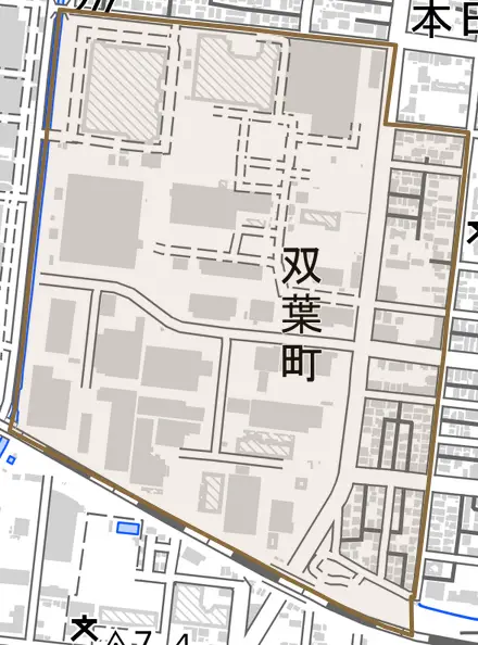 双葉町とその周辺の地図。町の範囲を重ねている