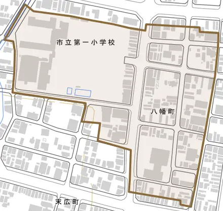 八幡町とその周辺の地図。町の範囲を重ねている