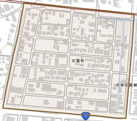 花園町とその周辺の地図。町の範囲を重ねている