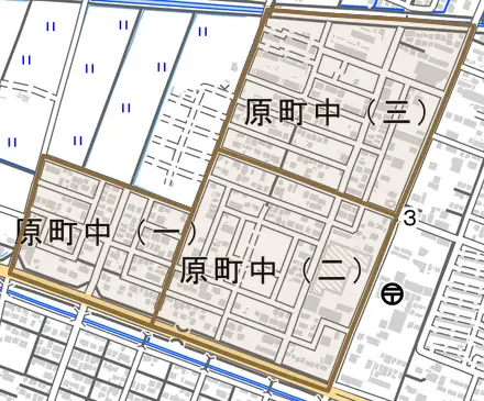 原町中とその周辺の地図。町の範囲を重ねている