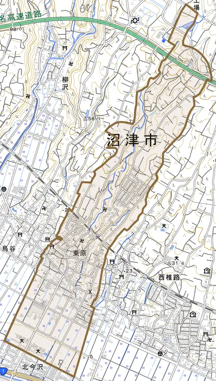 東原とその周辺の地図。町の範囲を重ねている