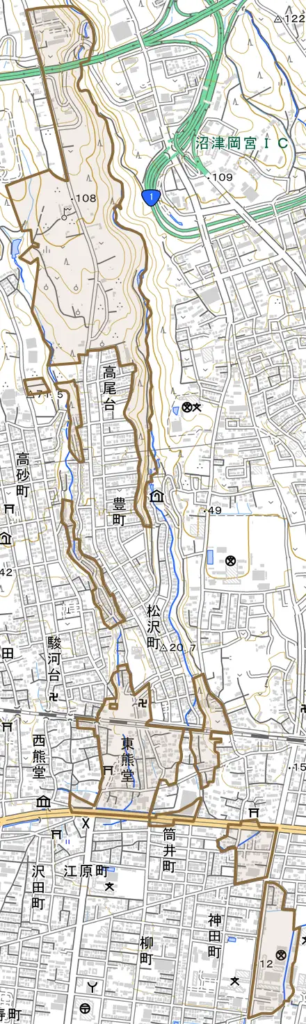 東熊堂とその周辺の地図。町の範囲を重ねている