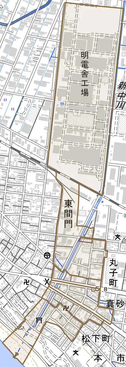 東間門とその周辺の地図。町の範囲を重ねている