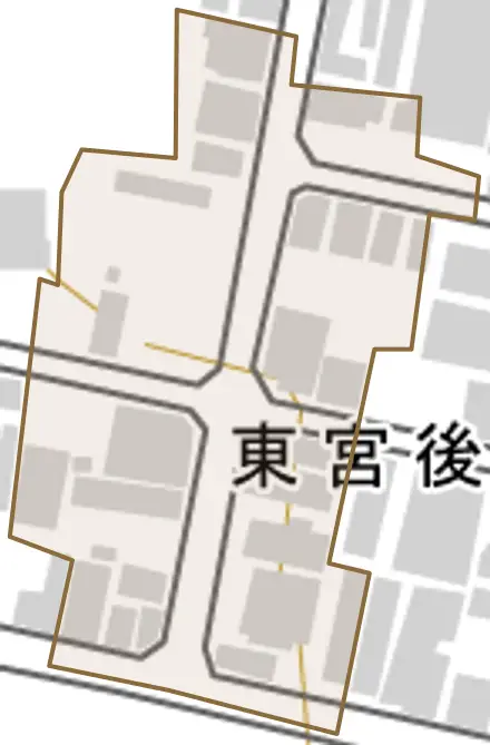 東宮後町とその周辺の地図。町の範囲を重ねている
