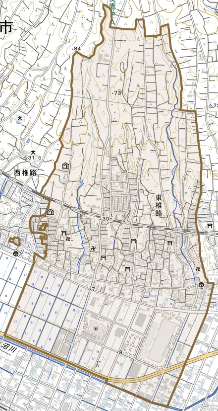 東椎路とその周辺の地図。町の範囲を重ねている
