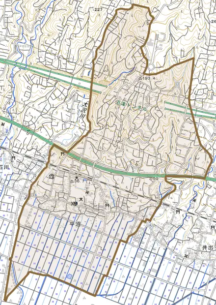 平沼とその周辺の地図。町の範囲を重ねている