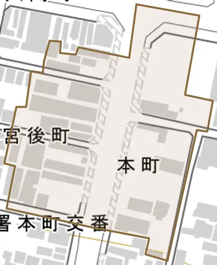 本町とその周辺の地図。町の範囲を重ねている