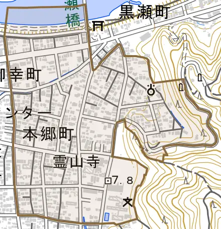 本郷町とその周辺の地図。町の範囲を重ねている