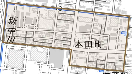 本田町とその周辺の地図。町の範囲を重ねている